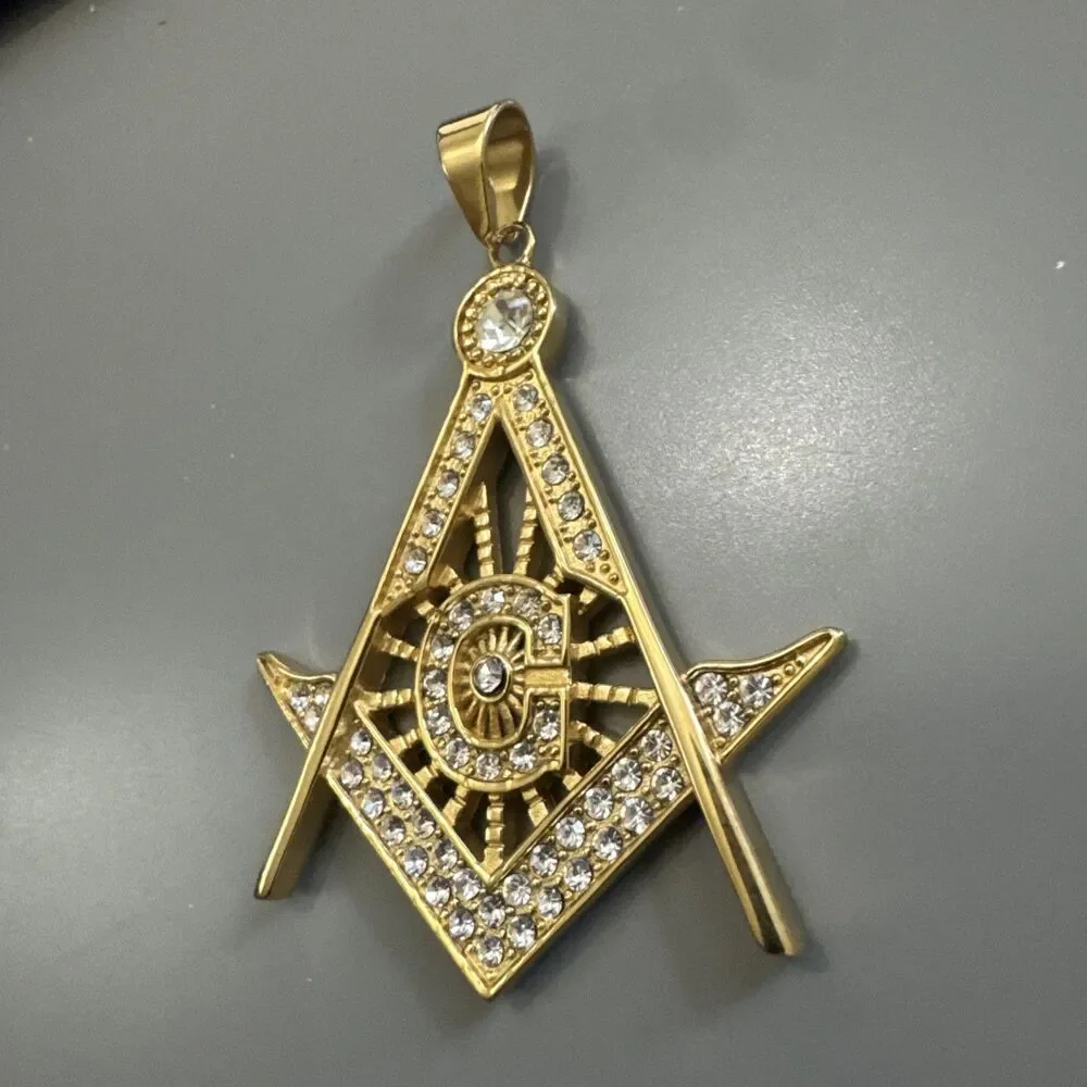 Free Mason Stainless Steel Freemason Symbol Masonic Pendant 24” Chain Gold Plate